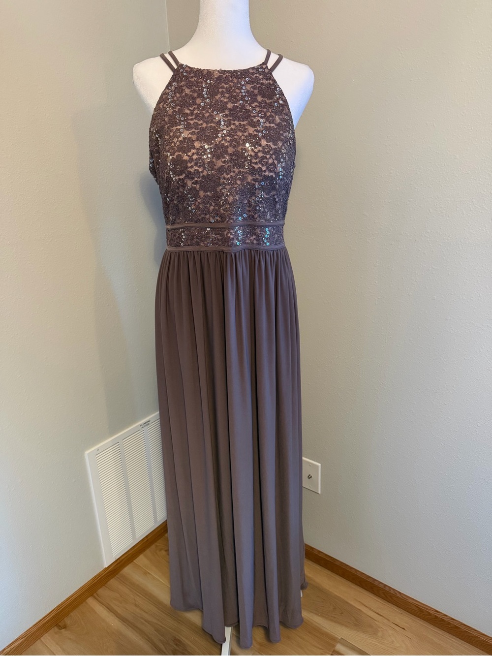 Night Way Collections Taupe Sequin Halter Maxi Dress